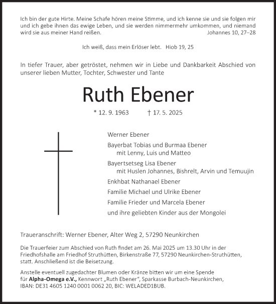 Traueranzeige von Ruth Ebener von Siegener Zeitung