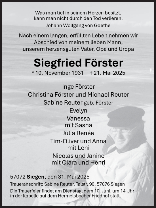 Traueranzeige von Siegfried Förster von Siegener Zeitung