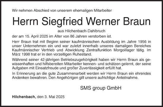 Traueranzeige von Siegfried Werner Braun von Siegener Zeitung