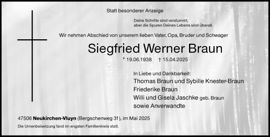 Traueranzeige von Siegfried Werner Braun von Siegener Zeitung