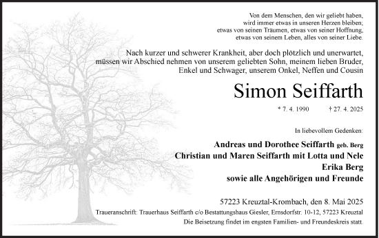 Traueranzeige von Simon Seiffarth von Siegener Zeitung