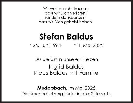 Traueranzeige von Stefan Baldus von Siegener Zeitung