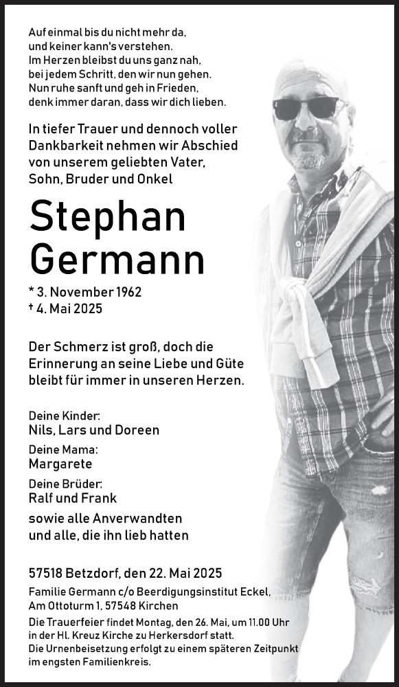  Traueranzeige für Stephan Germann vom 22.05.2025 aus Siegener Zeitung