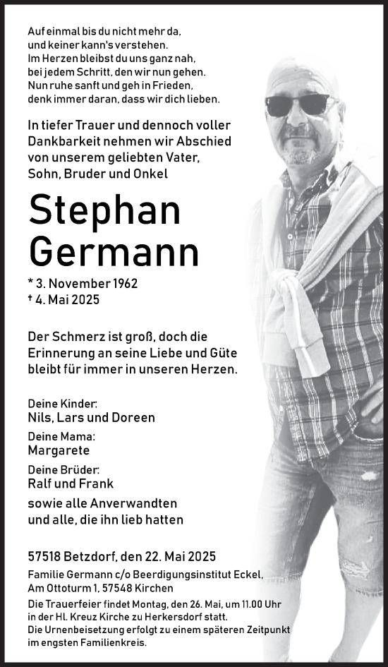 Traueranzeige von Stephan Germann von Siegener Zeitung