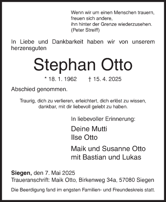 Traueranzeige von Stephan Otto von Siegener Zeitung
