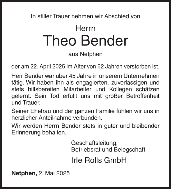 Traueranzeige von Theo Bender von Siegener Zeitung