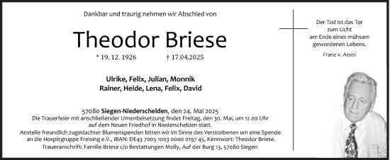 Traueranzeige von Theodor Briese von Siegener Zeitung