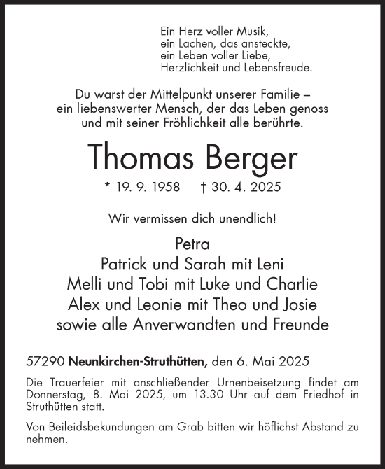 Traueranzeige von Thomas Berger von Siegener Zeitung