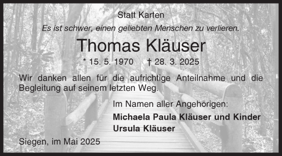 Traueranzeige von Thomas Kläuser von Siegener Zeitung