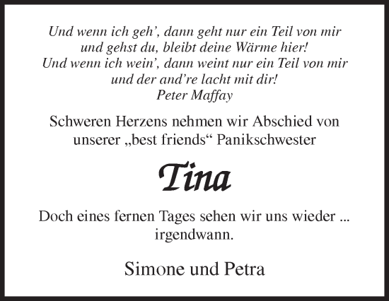 Traueranzeige von Tina  von Siegener Zeitung