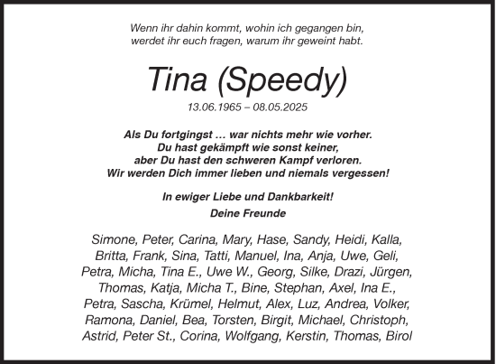 Traueranzeige von Tina  von Siegener Zeitung
