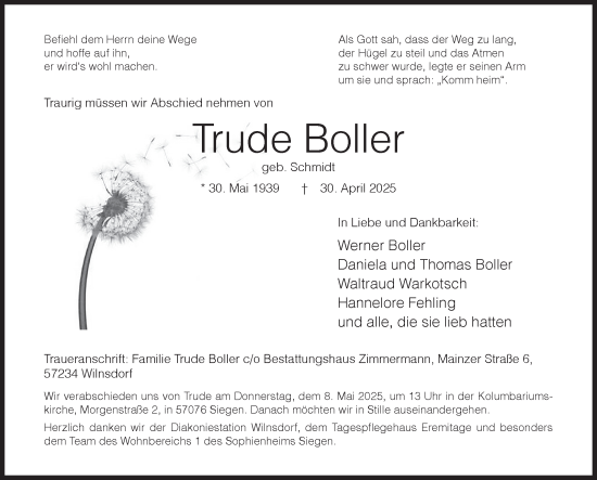 Traueranzeige von Trude Boller von Siegener Zeitung