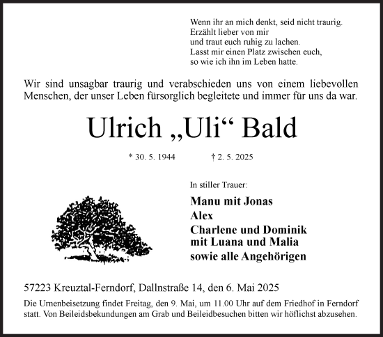 Traueranzeige von Ulrich Bald von Siegener Zeitung