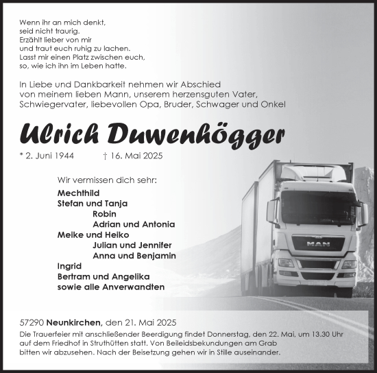 Traueranzeige von Ulrich Duwenhögger von Siegener Zeitung