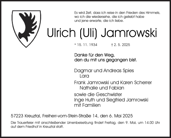 Traueranzeige von Ulrich Jamrowski von Siegener Zeitung