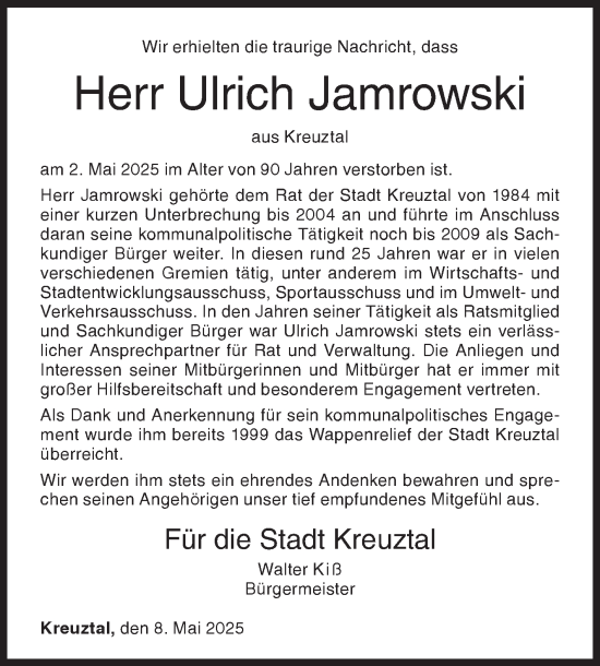 Traueranzeige von Ulrich Jamrowski von Siegener Zeitung