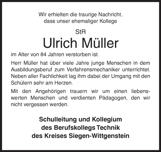 Traueranzeige von Ulrich Müller von Siegener Zeitung