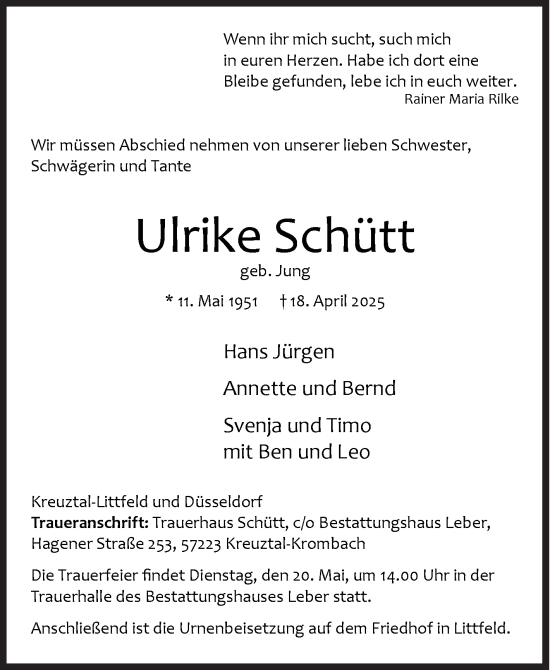 Traueranzeige von Ulrike Schütt von Siegener Zeitung