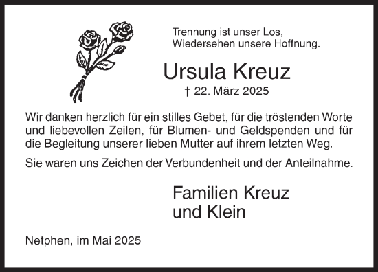 Traueranzeige von Ursula Kreuz von Siegener Zeitung