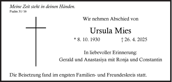 Traueranzeige von Ursula Mies von Siegener Zeitung