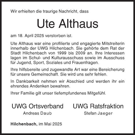 Traueranzeige von Ute Althaus von Siegener Zeitung