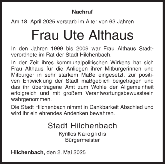 Traueranzeige von Ute Althaus von Siegener Zeitung
