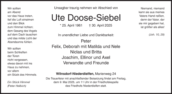 Traueranzeige von Ute Doose-Siebel von Siegener Zeitung