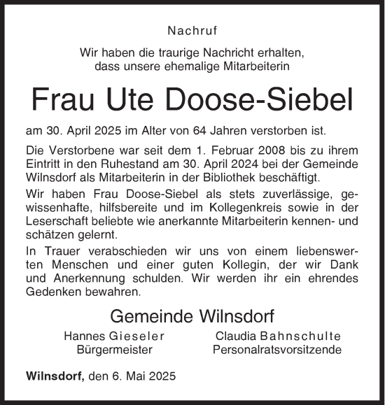 Traueranzeige von Ute Doose-Siebel von Siegener Zeitung