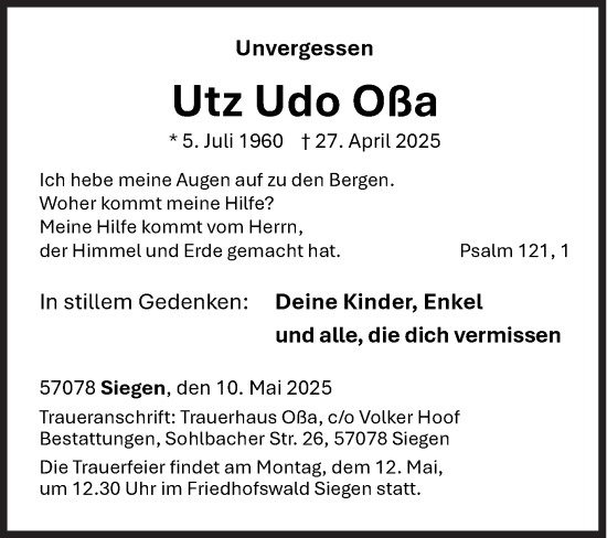 Traueranzeige von Utz Udo Oßa von Siegener Zeitung