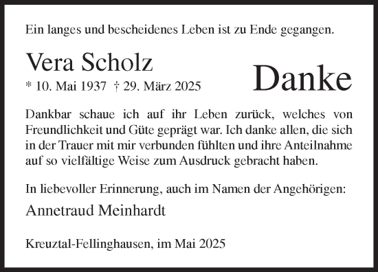 Traueranzeige von Vera Scholz von Siegener Zeitung