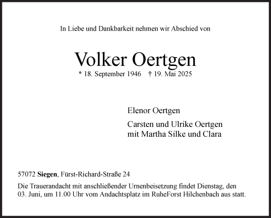 Traueranzeige von Volker Oertgen von Siegener Zeitung