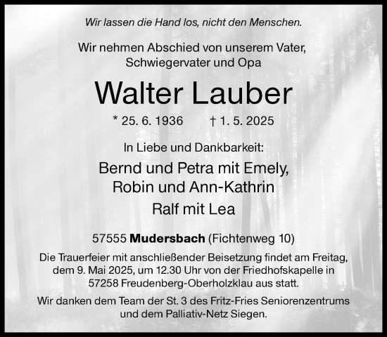 Traueranzeige von Walter Lauber von Siegener Zeitung