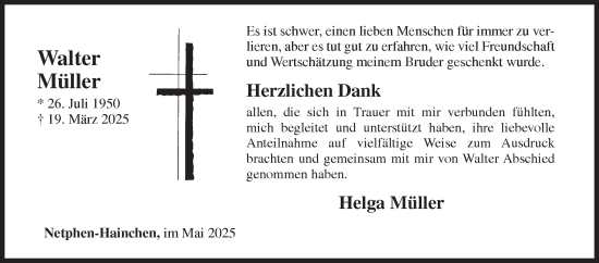 Traueranzeige von Walter Müller von Siegener Zeitung