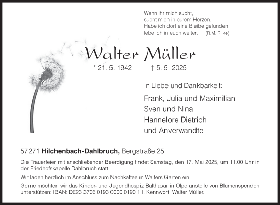 Traueranzeige von Walter Müller von Siegener Zeitung