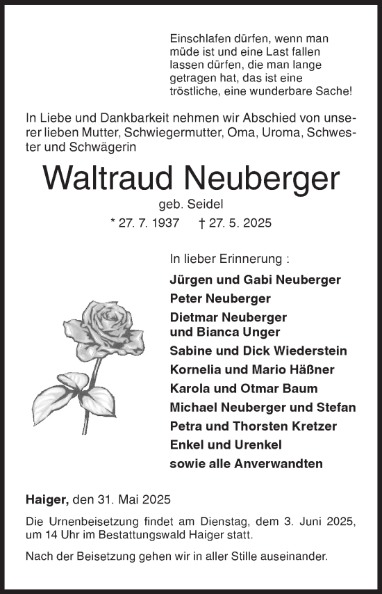 Traueranzeige von Waltraud Neuberger von Siegener Zeitung