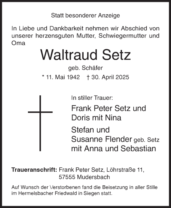 Traueranzeige von Waltraud Setz von Siegener Zeitung