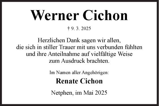 Traueranzeige von Werner Cichon von Siegener Zeitung