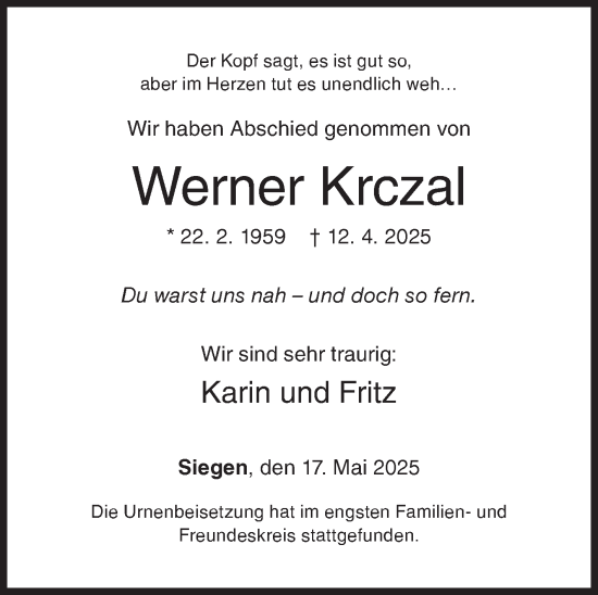 Traueranzeige von Werner Krczal von Siegener Zeitung