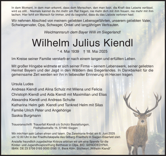 Traueranzeige von Wilhelm Julius Kiendl von Siegener Zeitung