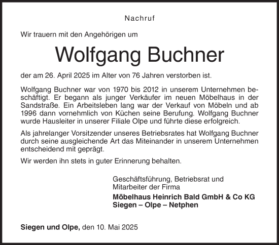 Traueranzeige von Wolfgang Buchner von Siegener Zeitung