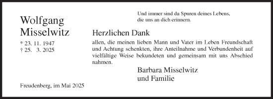 Traueranzeige von Wolfgang Misselwitz von Siegener Zeitung