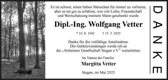 Traueranzeige von Wolfgang Vetter von Siegener Zeitung