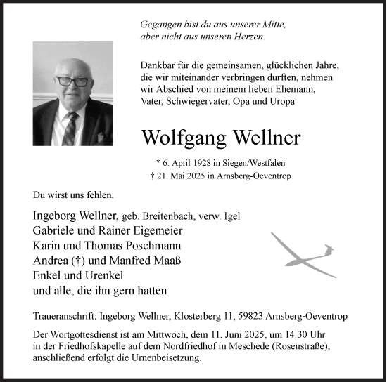 Traueranzeige von Wolfgang Wellner von Siegener Zeitung