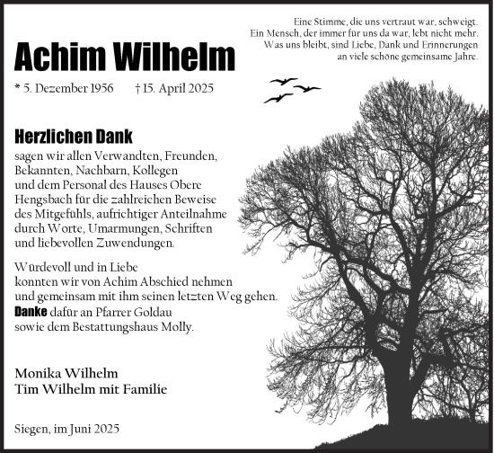 Traueranzeige von Achim Wilhelm von Siegener Zeitung