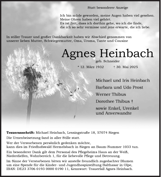 Traueranzeige von Agnes Heinbach von Siegener Zeitung