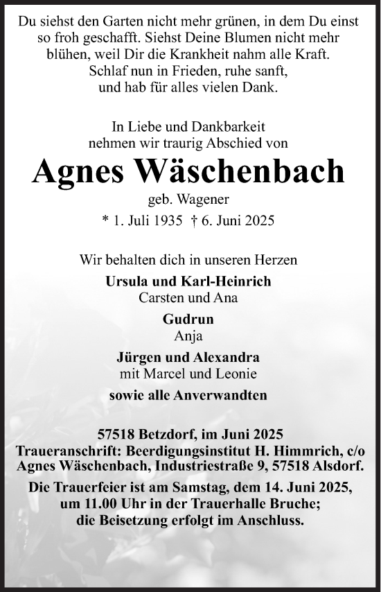 Traueranzeige von Agnes Wäschenbach von Siegener Zeitung