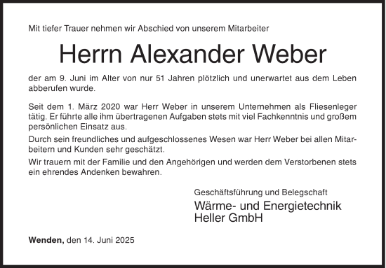 Traueranzeige von Alexander Weber von Siegener Zeitung