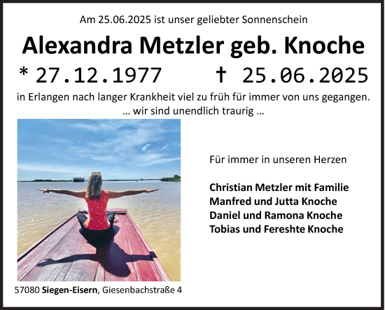 Traueranzeige von Alexandra Metzler von Siegener Zeitung