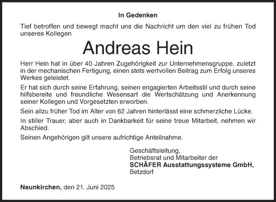 Traueranzeige von Andreas Hein von Siegener Zeitung