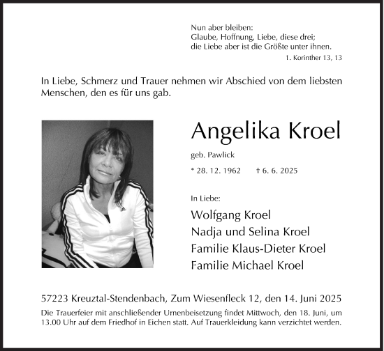 Traueranzeige von Angelika Kroel von Siegener Zeitung